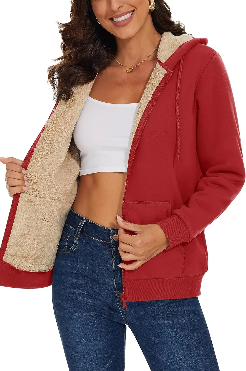 MAGCOMSEN Womens Zip Up Hoodies Sherpa Lined Fleece Thermal Jacket Full Zip Winter Warm Casual Thick Coats Pockets