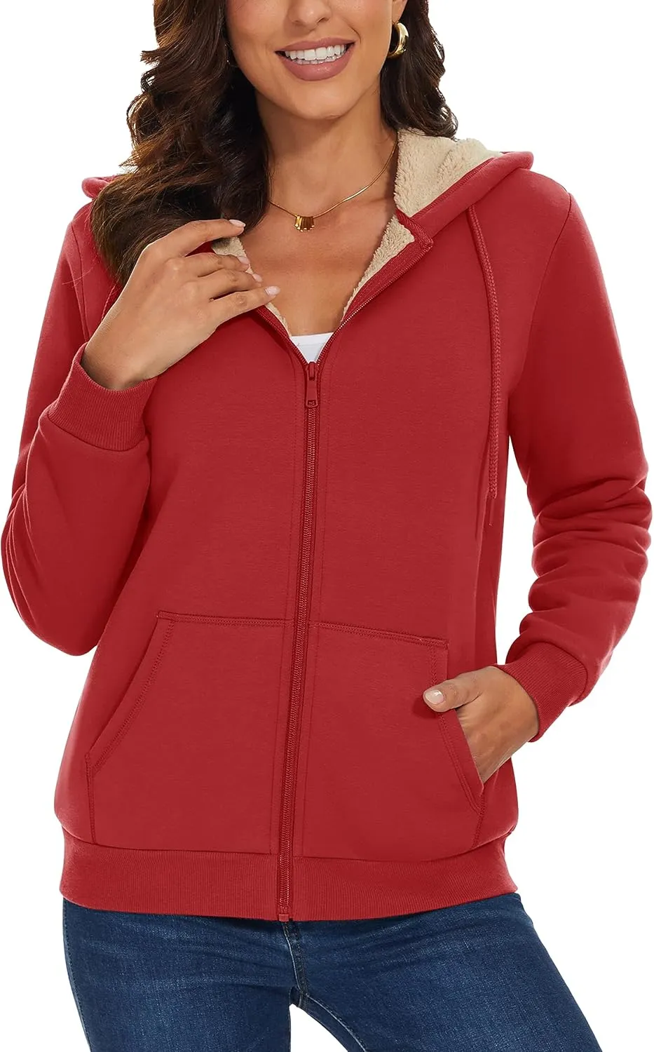 MAGCOMSEN Womens Zip Up Hoodies Sherpa Lined Fleece Thermal Jacket Full Zip Winter Warm Casual Thick Coats Pockets