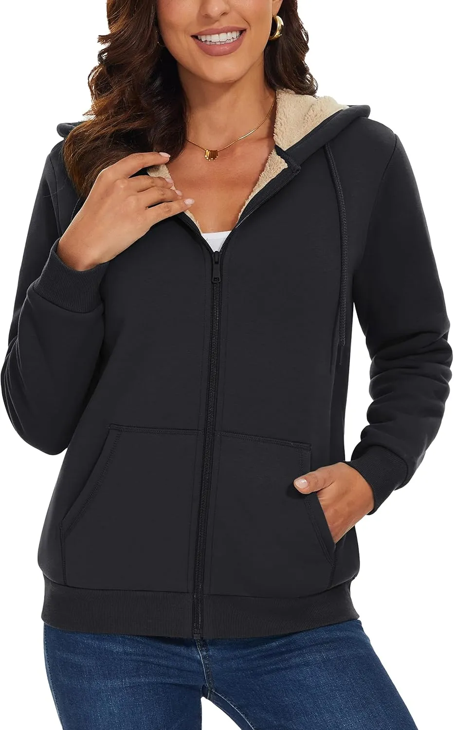 MAGCOMSEN Womens Zip Up Hoodies Sherpa Lined Fleece Thermal Jacket Full Zip Winter Warm Casual Thick Coats Pockets