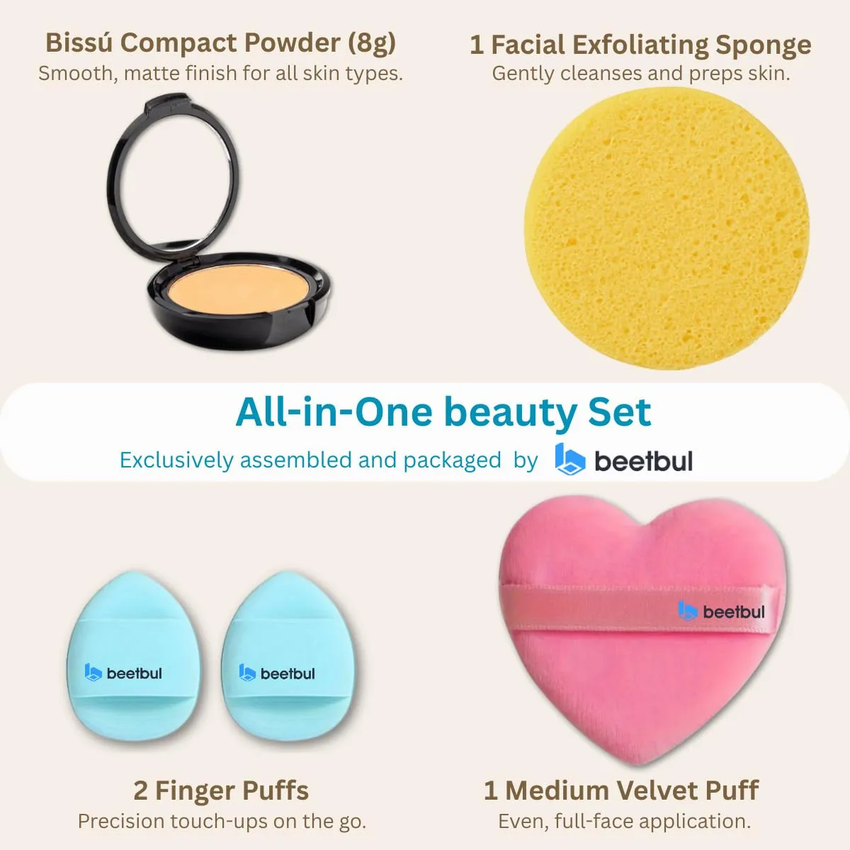 Makeup & Exfoliation Kit - Bissú Compact Powder   1 Medium Velvet Puff   2 Finger Puffs   1 Facial Exfoliating Sponge (07 Caramel, One Size)
