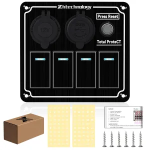 Marine Boat Rocker Switch Panel,Waterproof 8 Gang Toggle Switch Panel with Dual USB and Voltmeter Panel for RVs, Cars, Boats, Trucks,Trailers - 12-24V (Black, 4 Gang)