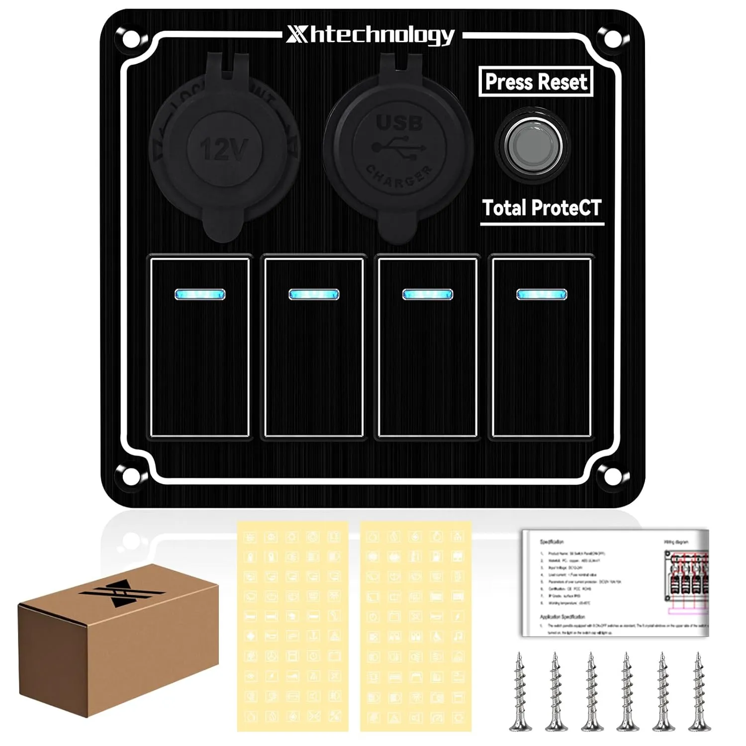 Marine Boat Rocker Switch Panel,Waterproof 8 Gang Toggle Switch Panel with Dual USB and Voltmeter Panel for RVs, Cars, Boats, Trucks,Trailers - 12-24V (Black, 4 Gang)