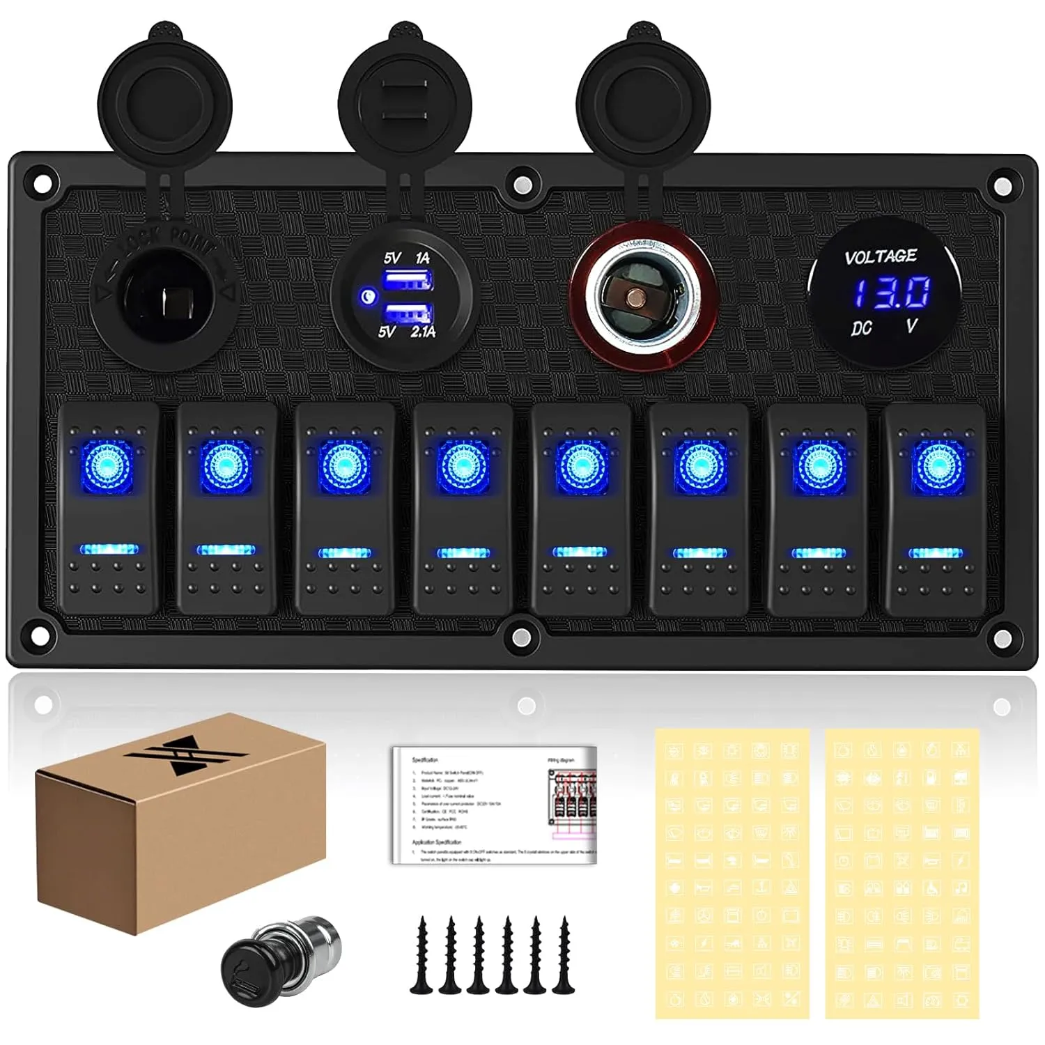 Marine Boat Rocker Switch Panel,Waterproof 8 Gang Toggle Switch Panel with Dual USB and Voltmeter Panel for RVs, Cars, Boats, Trucks,Trailers - 12-24V