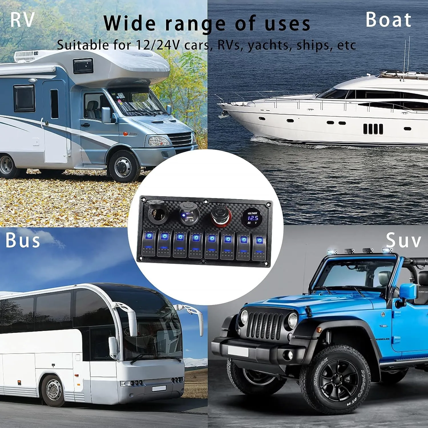 Marine Boat Rocker Switch Panel,Waterproof 8 Gang Toggle Switch Panel with Dual USB and Voltmeter Panel for RVs, Cars, Boats, Trucks,Trailers - 12-24V