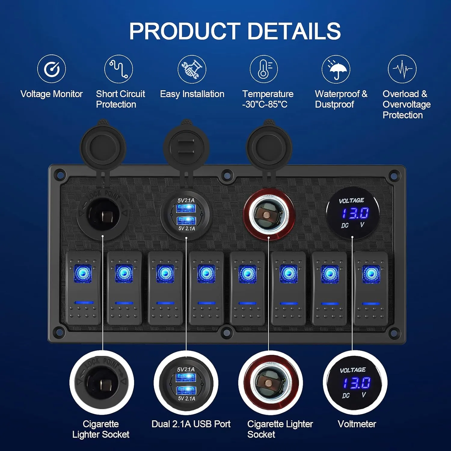 Marine Boat Rocker Switch Panel,Waterproof 8 Gang Toggle Switch Panel with Dual USB and Voltmeter Panel for RVs, Cars, Boats, Trucks,Trailers - 12-24V