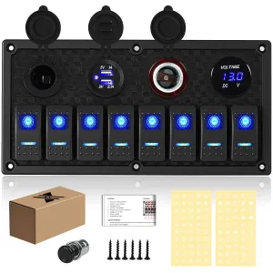 Marine Boat Rocker Switch Panel,Waterproof 8 Gang Toggle Switch Panel with Dual USB and Voltmeter Panel for RVs, Cars, Boats, Trucks,Trailers - 12-24V