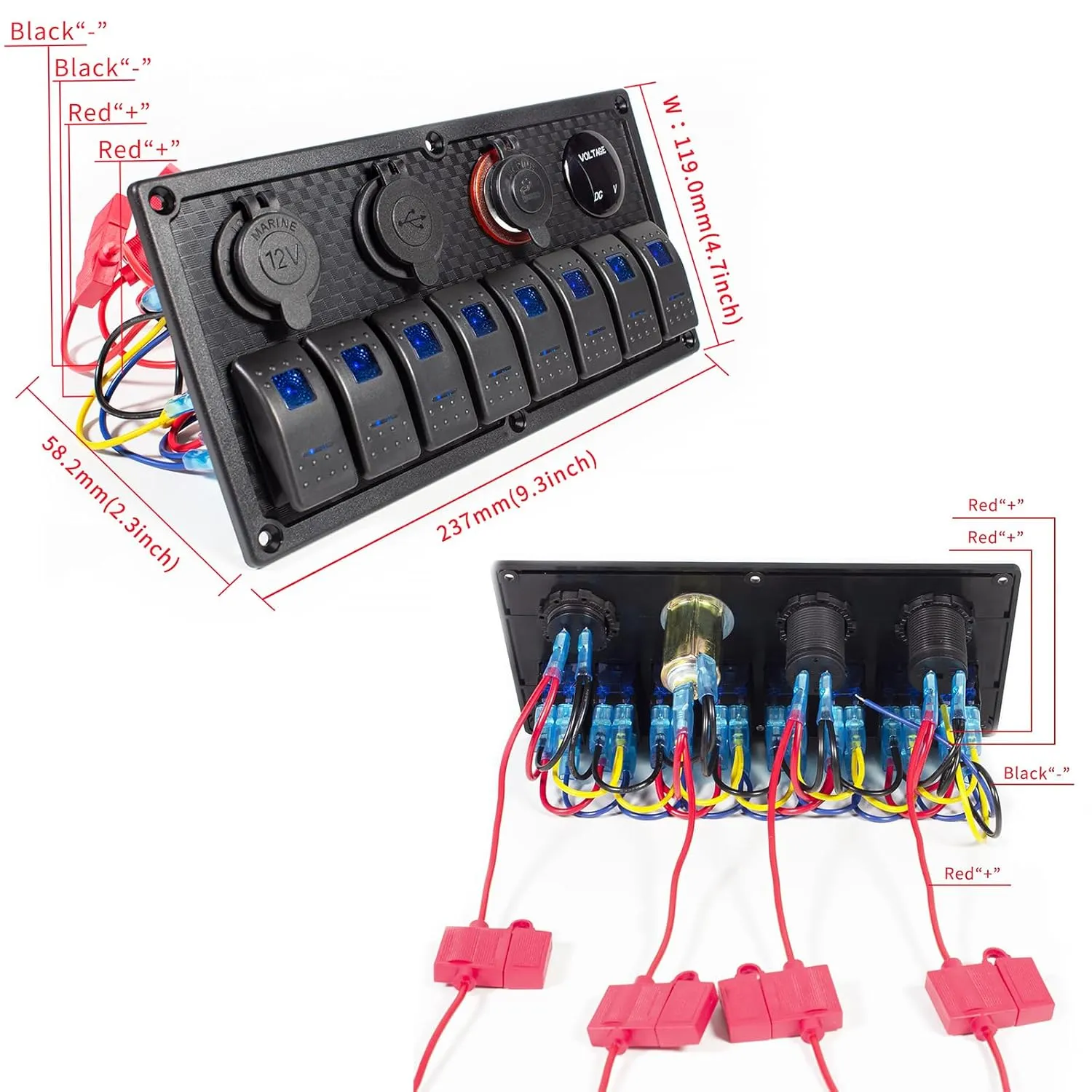 Marine Boat Rocker Switch Panel,Waterproof 8 Gang Toggle Switch Panel with Dual USB and Voltmeter Panel for RVs, Cars, Boats, Trucks,Trailers - 12-24V