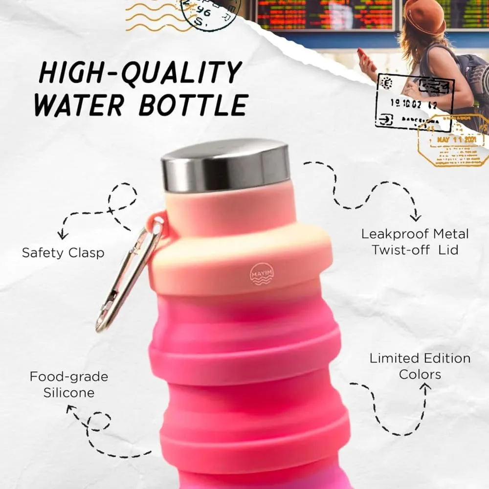 Mayim Collapsible Water Bottles Silicone Travel Tumbler with Clip for Backpack, Reusable Portable Sport Water Bottle for Gym, Camping, Hiking or Airport, 17 Oz Orange Yellow & Pink Tie Dye