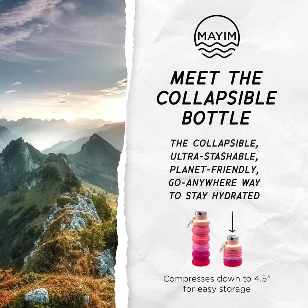 Mayim Collapsible Water Bottles Silicone Travel Tumbler with Clip for Backpack, Reusable Portable Sport Water Bottle for Gym, Camping, Hiking or Airport, 17 Oz Orange Yellow & Pink Tie Dye