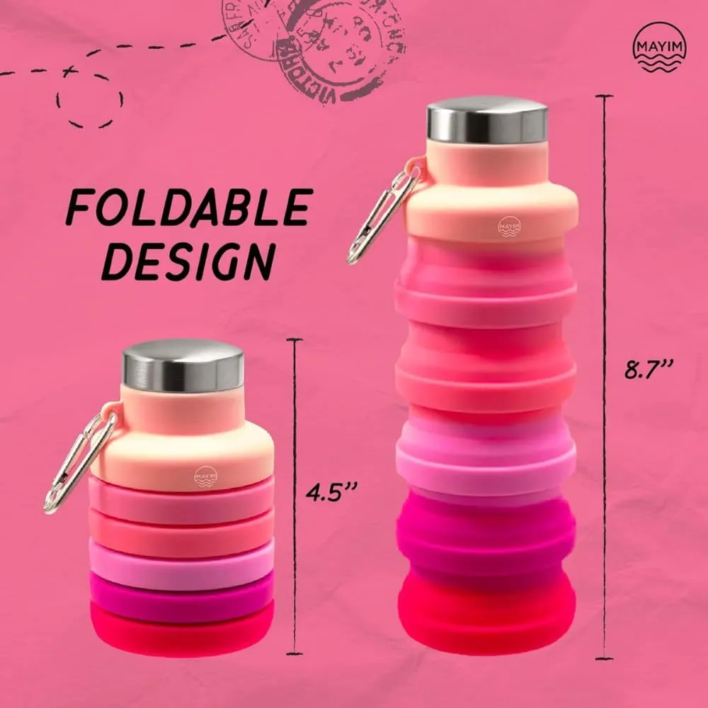 Mayim Collapsible Water Bottles Silicone Travel Tumbler with Clip for Backpack, Reusable Portable Sport Water Bottle for Gym, Camping, Hiking or Airport, 17 Oz Orange Yellow & Pink Tie Dye