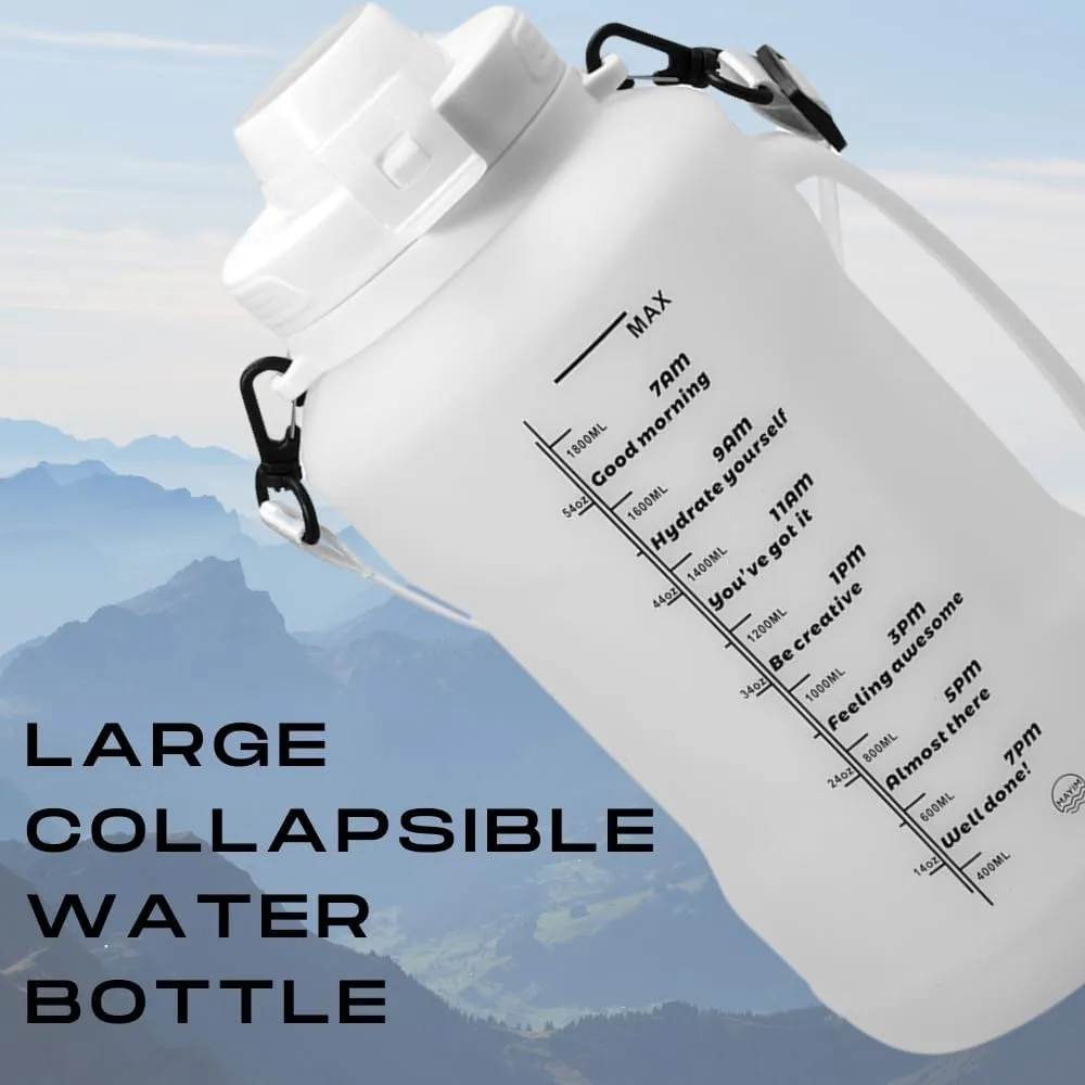 Mayim Large Collapsible Water Bottles with Time Markers, Silicone Travel Tumbler with Carry Strap, Reusable Portable Sport Water Bottle for Gym, Camping, Hiking or Airport, 64 Ounces -White