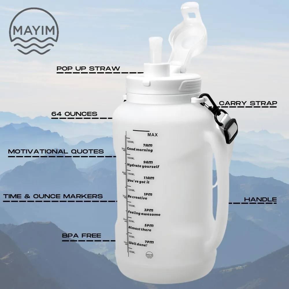 Mayim Large Collapsible Water Bottles with Time Markers, Silicone Travel Tumbler with Carry Strap, Reusable Portable Sport Water Bottle for Gym, Camping, Hiking or Airport, 64 Ounces -White