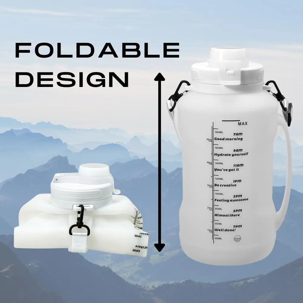 Mayim Large Collapsible Water Bottles with Time Markers, Silicone Travel Tumbler with Carry Strap, Reusable Portable Sport Water Bottle for Gym, Camping, Hiking or Airport, 64 Ounces -White