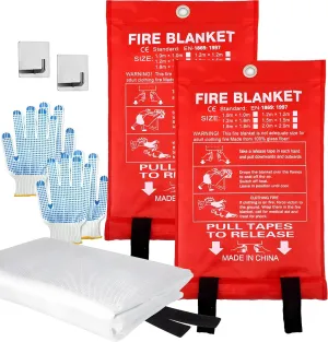 MDH Fire Blanket 40x40 Inch Fiberglass w/Gloves Hooks Whistle - Fireproof Safety for Home, Kitchen, Restaurant, House - Reusable (Fire Blanket Pack of 2)