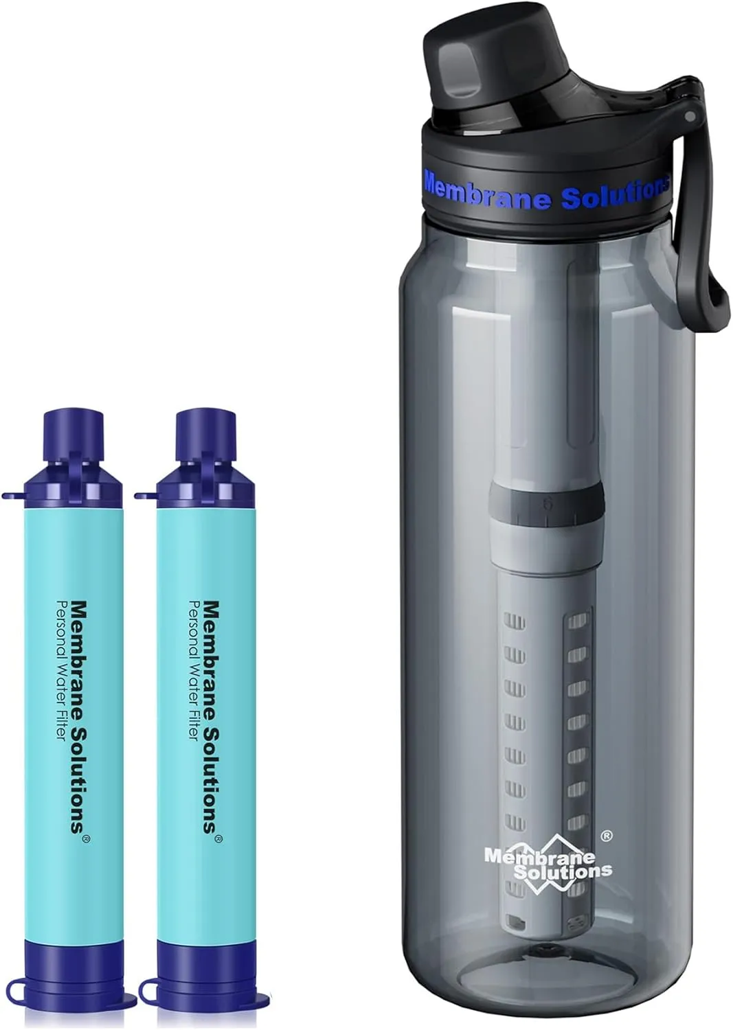 Membrane Solutions 36oz C3 ACF UF Filtered Water Bottle with 2 Packs Outdoor Water Filter Straw