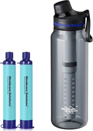 Membrane Solutions 36oz C3 ACF UF Filtered Water Bottle with 2 Packs Outdoor Water Filter Straw