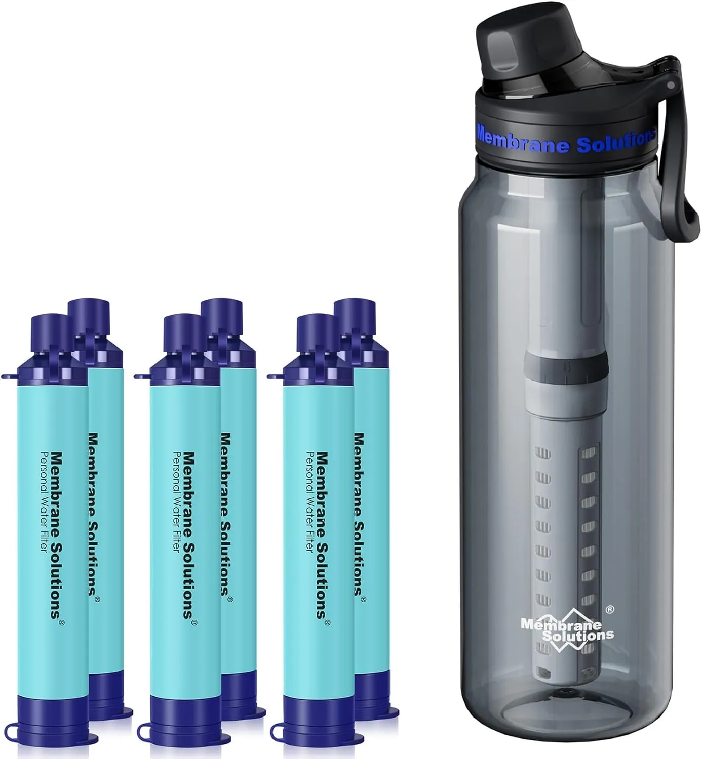 Membrane Solutions 36oz C3 ACF UF Filtered Water Bottle with 6 Packs Outdoor Water Filter Straw