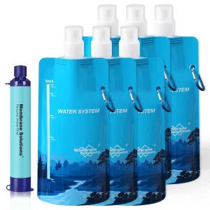 Membrane Solutions Squeezable Water Filtration System, Survival Water Purifier Kit, Portable Backpacking Gear Including Water Filter Straw and 23oz Collapsible Bottle for Hiking Camping Travel(1 6)