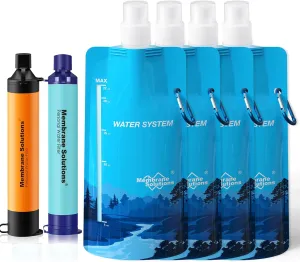 Membrane Solutions Squeezable Water Filtration System, Survival Water Purifier Kit, Portable Backpacking Gear Including Water Filter Straw and 23oz Collapsible Bottle for Hiking Camping Travel(2 4)