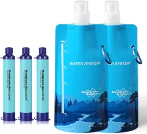 Membrane Solutions Squeezable Water Filtration System, Survival Water Purifier Kit, Portable Backpacking Gear Including Water Filter Straw and 23oz Collapsible Bottle for Hiking Camping Travel(3 2)