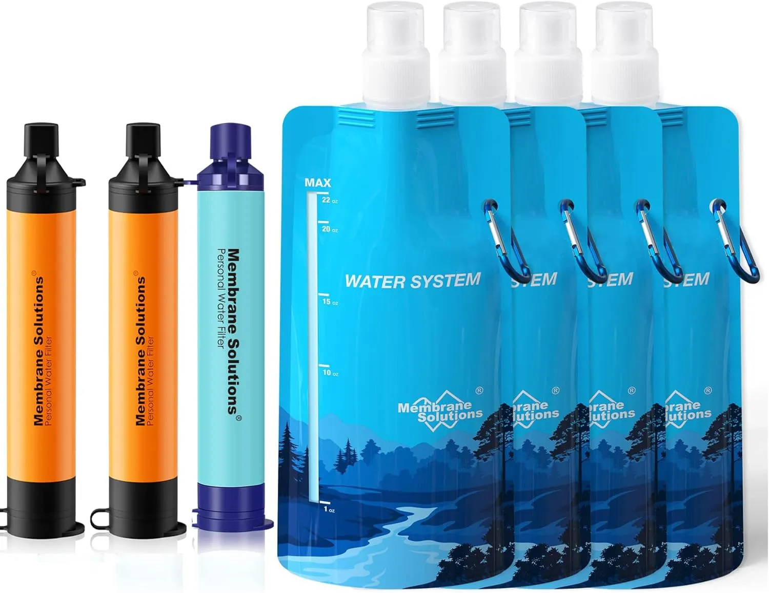 Membrane Solutions Squeezable Water Filtration System, Survival Water Purifier Kit, Portable Backpacking Gear Including Water Filter Straw and 23oz Collapsible Bottle for Hiking Camping Travel(3 4)