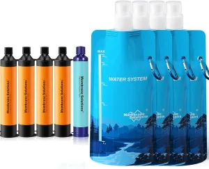 Membrane Solutions Squeezable Water Filtration System, Survival Water Purifier Kit, Portable Backpacking Gear Including Water Filter Straw and 23oz Collapsible Bottle for Hiking Camping Travel(5 4)