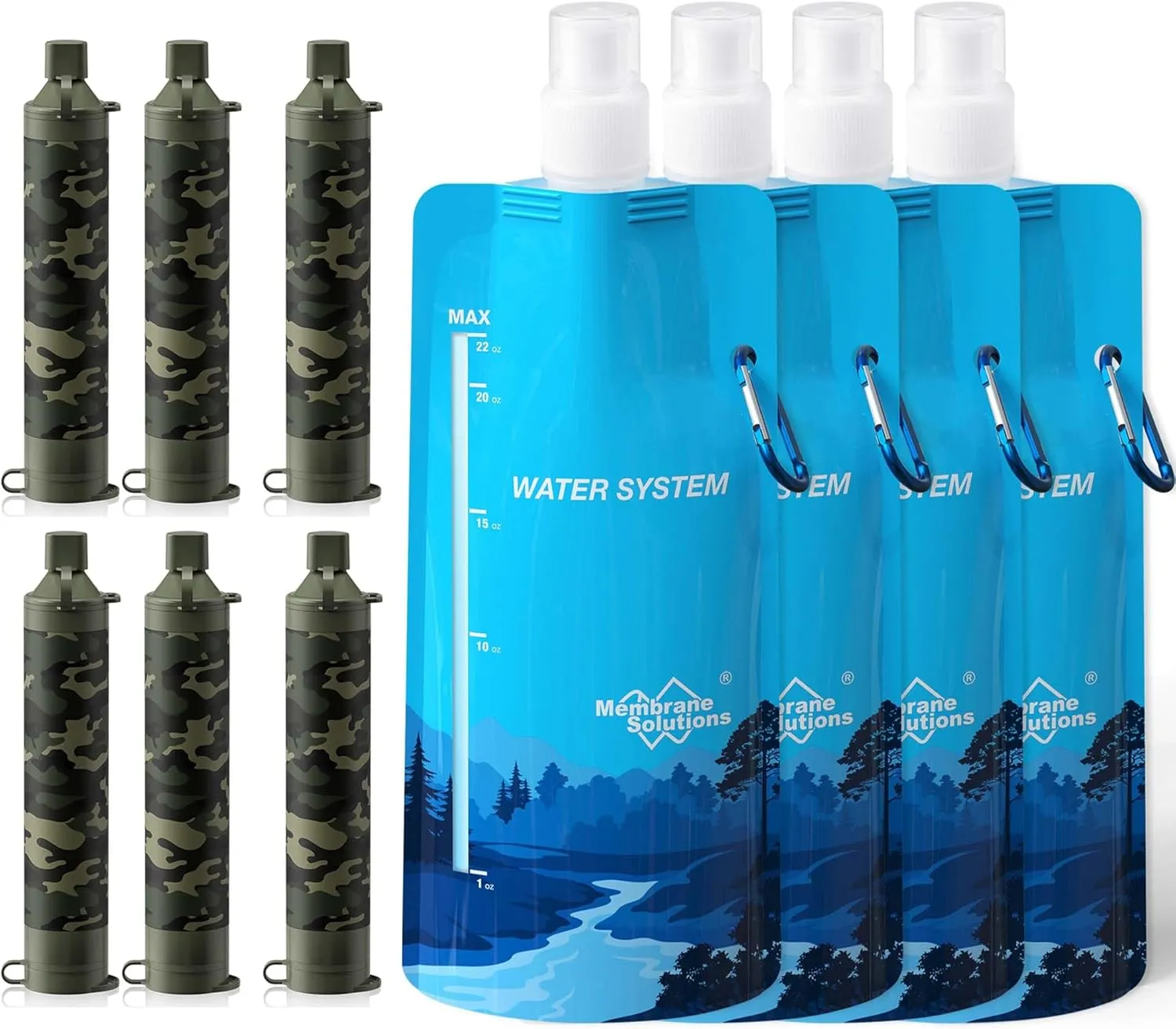 Membrane Solutions Squeezable Water Filtration System, Survival Water Purifier Kit, Portable Backpacking Gear Including Water Filter Straw and 23oz Collapsible Bottle for Hiking Camping Travel(6 4)