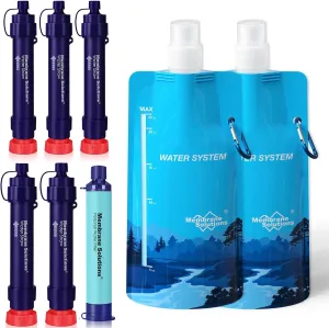 Membrane Solutions WS02 Detachable Water Filter Straw (Pack of 5) with 23oz Collapsible Squeezable Water Filtration System
