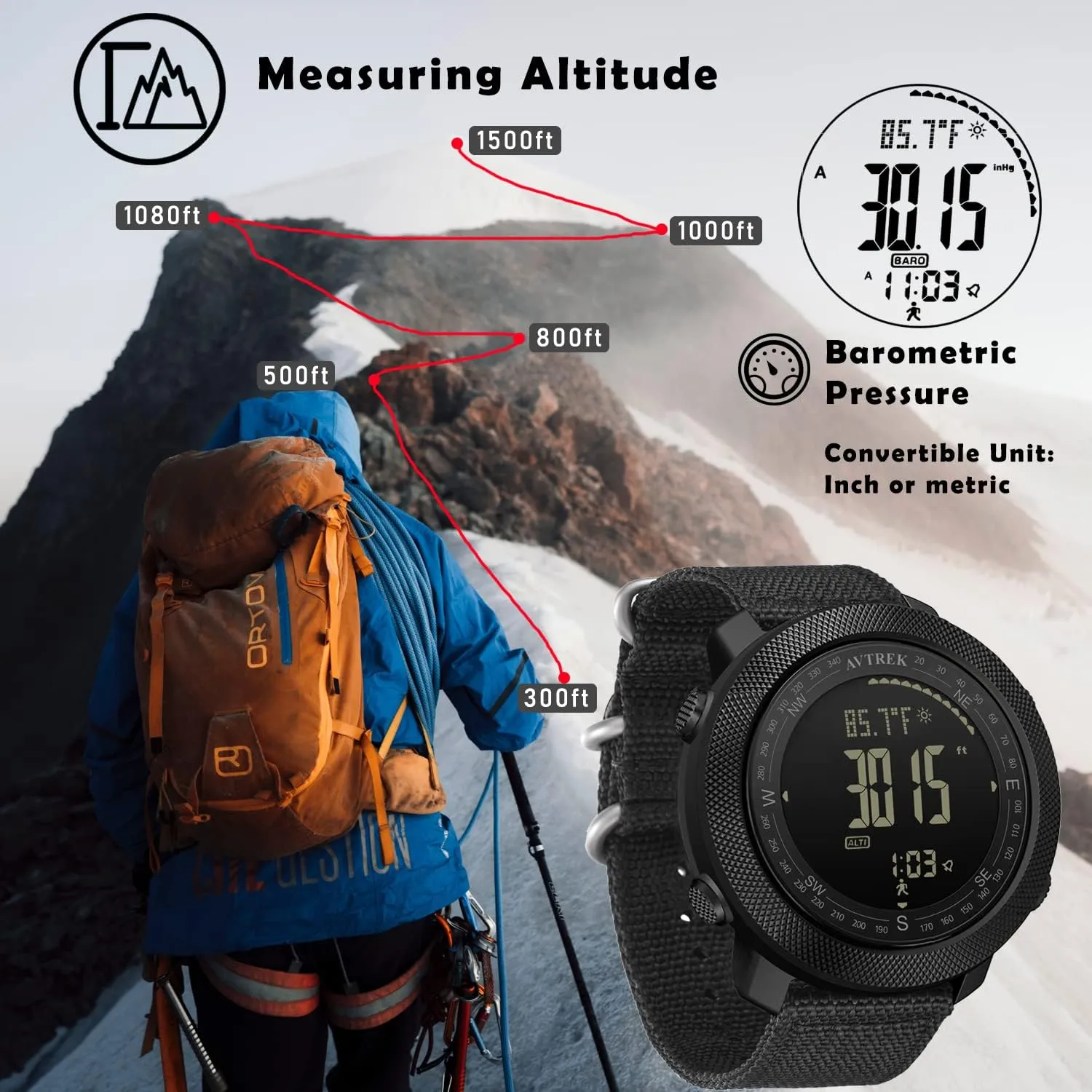 Men's Digital Sport Watch - Army Military Compass, Altimeter, Barometer, Pedometer, Waterproof, Green