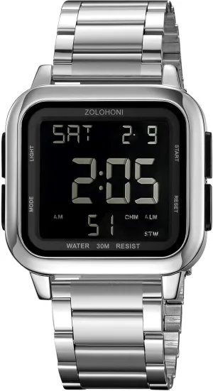 Men’s Digital Watch for Men, Stainless Steel Square Watches, Mens Wrist Watches Waterproof Large Face Dual Time Date Watch
