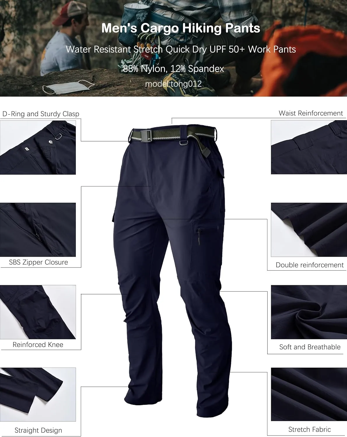 Men's Hiking Tactical Cargo Work Pants Quick Dry Waterproof Lightweight Travel Fishing Camping Outdoor Pants