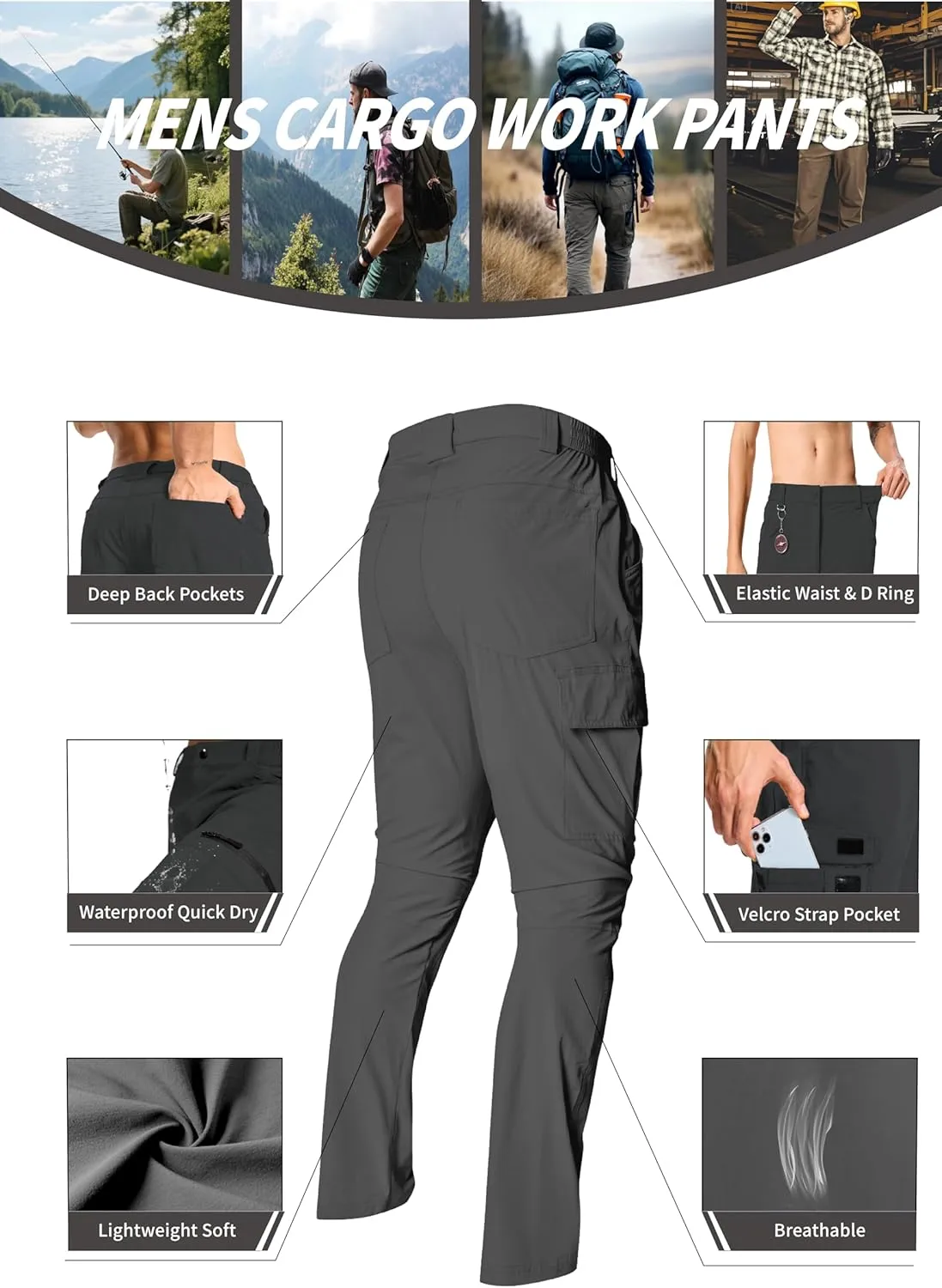 Mens Lightweight Hiking Cargo Pants Quick Dry Waterproof Travel Fishing Climbing Outdoor Tactical Work Pants for Men