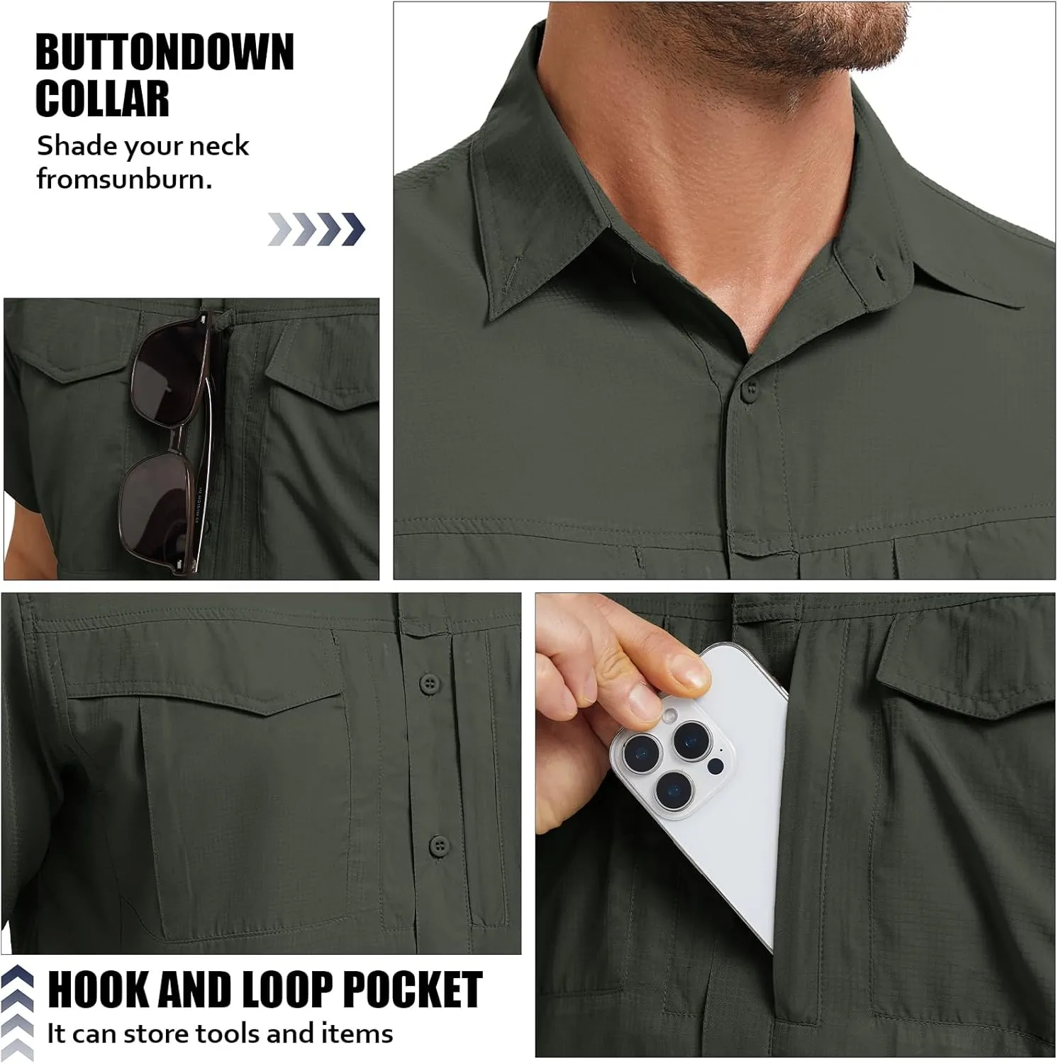 Men's Safari Hiking UPF 50  UV Short Sleeve Button Shirt Lightweight Cooling Quick Dry Outdoor Sun Protection Fishing Shirts