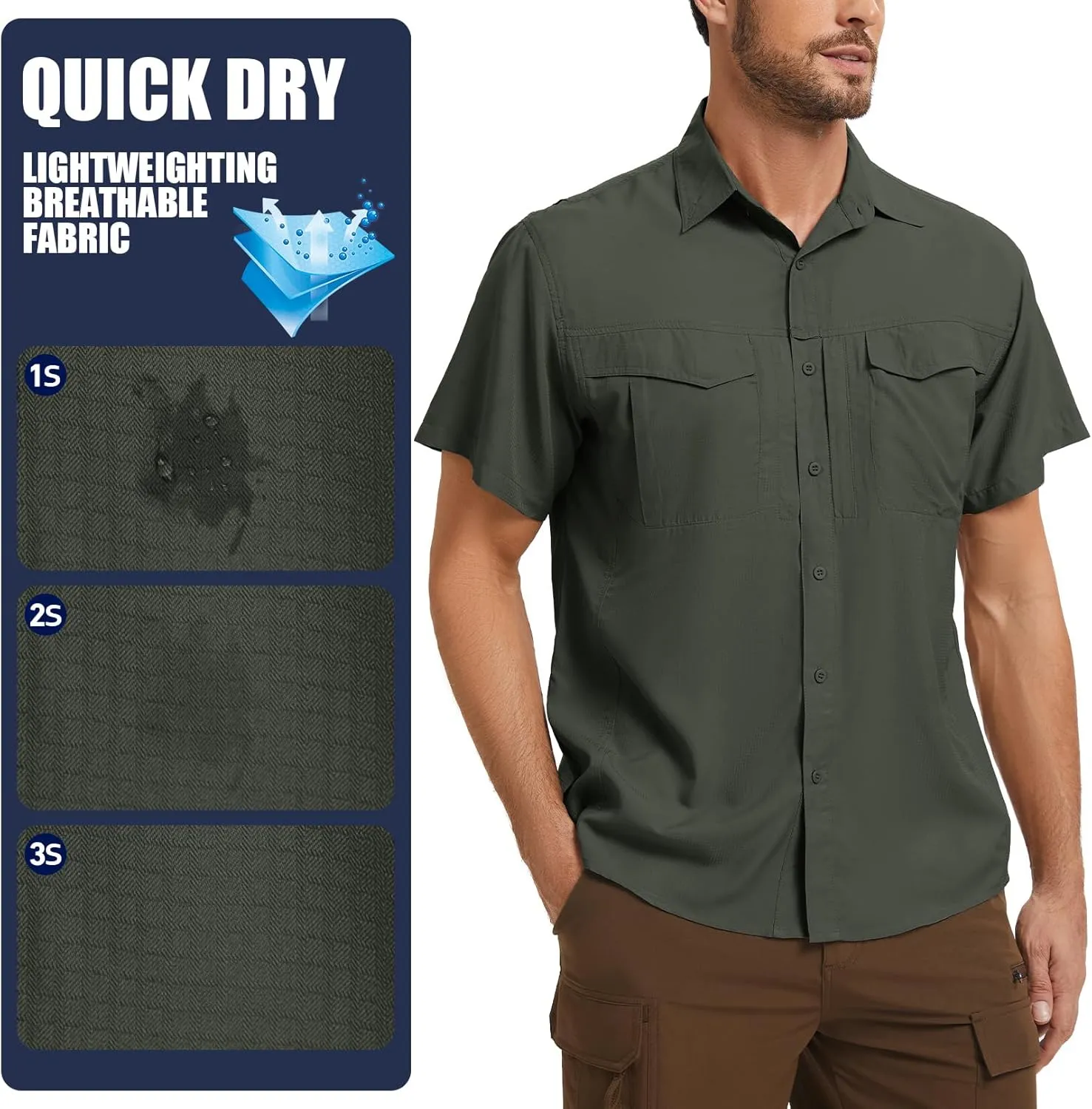 Men's Safari Hiking UPF 50  UV Short Sleeve Button Shirt Lightweight Cooling Quick Dry Outdoor Sun Protection Fishing Shirts