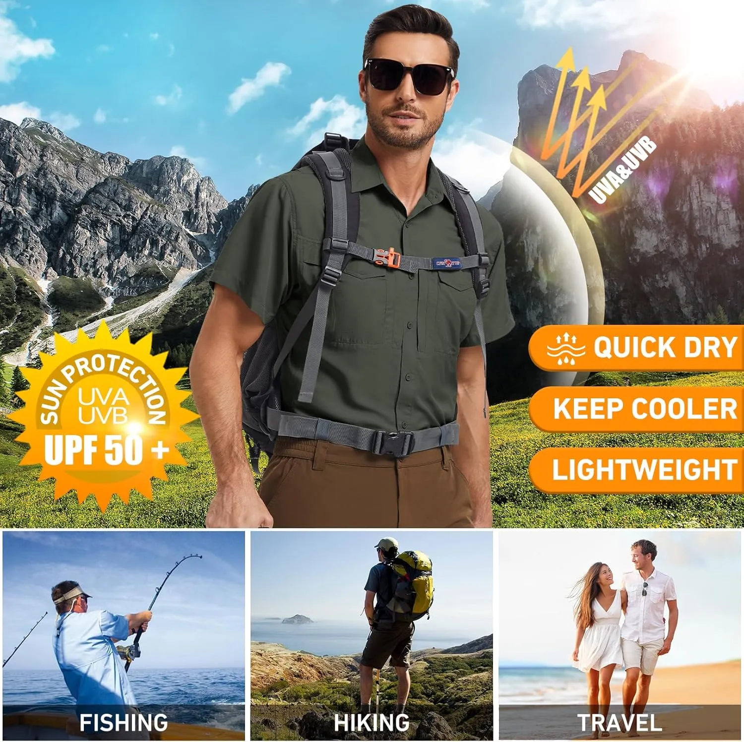 Men's Safari Hiking UPF 50  UV Short Sleeve Button Shirt Lightweight Cooling Quick Dry Outdoor Sun Protection Fishing Shirts