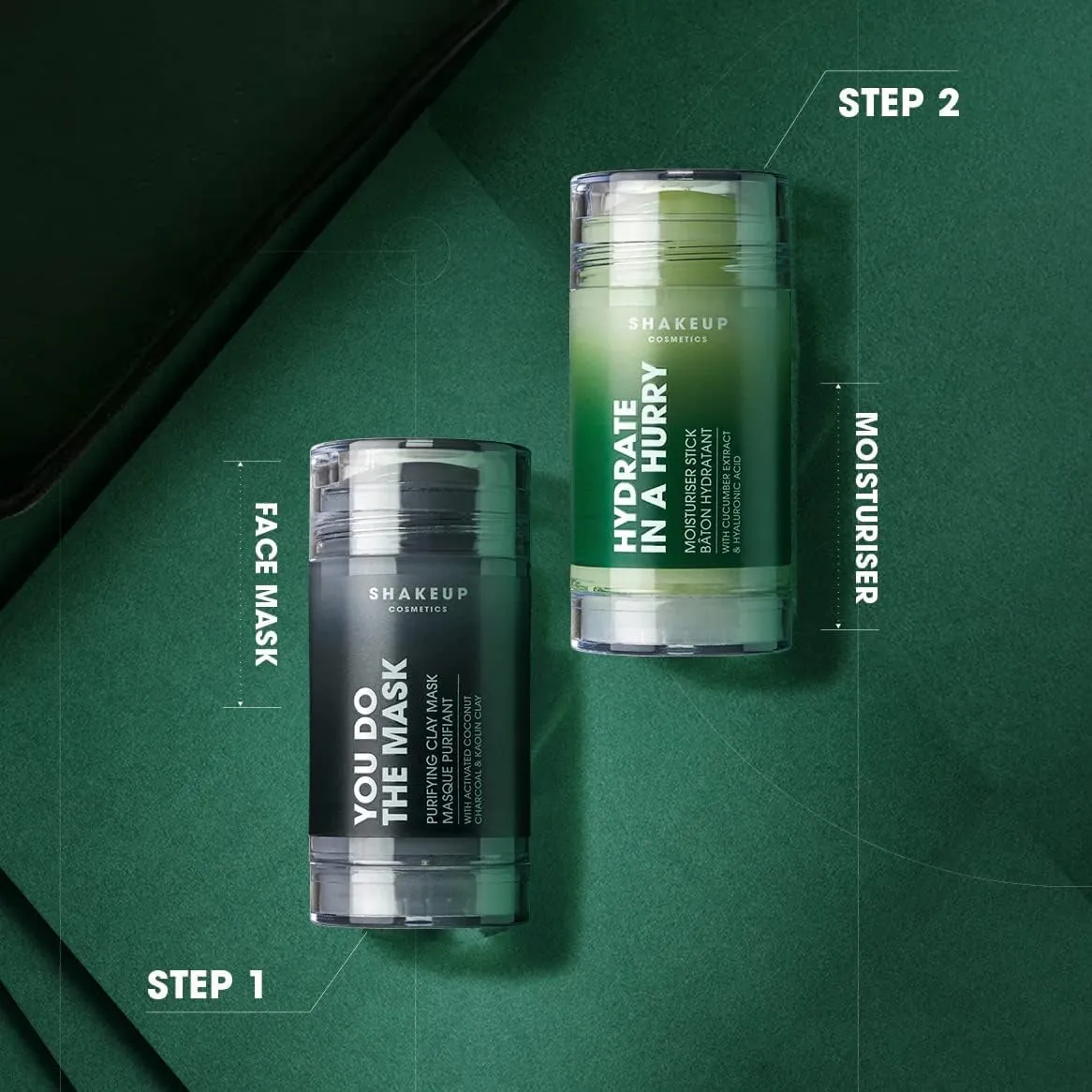 Mens Skincare Sticks Duo, Vegan Formula Including a Moisturiser Stick and Charcoal Face Mask Stick, 2-Step Skincare Kit Perfect for Him. Aka. SHAKEUP THE SKIN STIX DUO