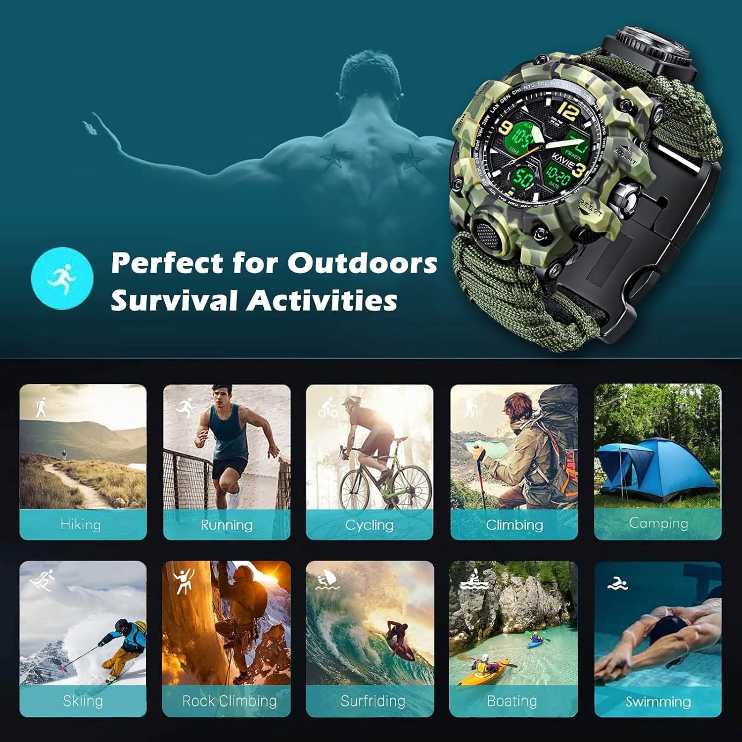 Mens Tactical Military Digital Watch, 23-in-1 Survival Multi-Functional Army Outdoors Waterproof Camouflage Sports Watches Dual Display Analog LED Electronic Wristwatches with Compass Paracord Band