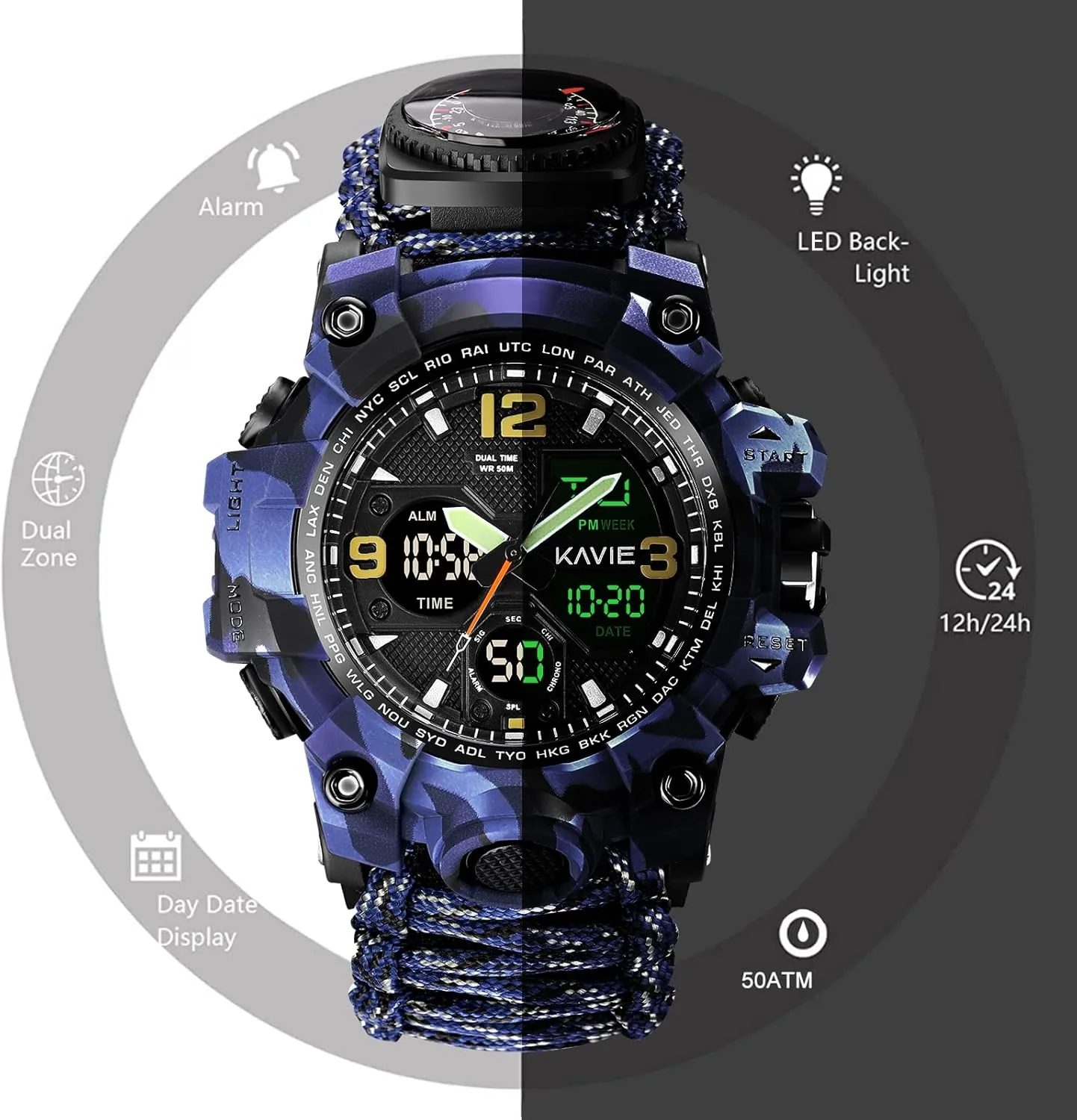 Mens Tactical Military Digital Watch, 23-in-1 Survival Multi-Functional Army Outdoors Waterproof Camouflage Sports Watches Dual Display Analog LED Electronic Wristwatches with Compass Paracord Band
