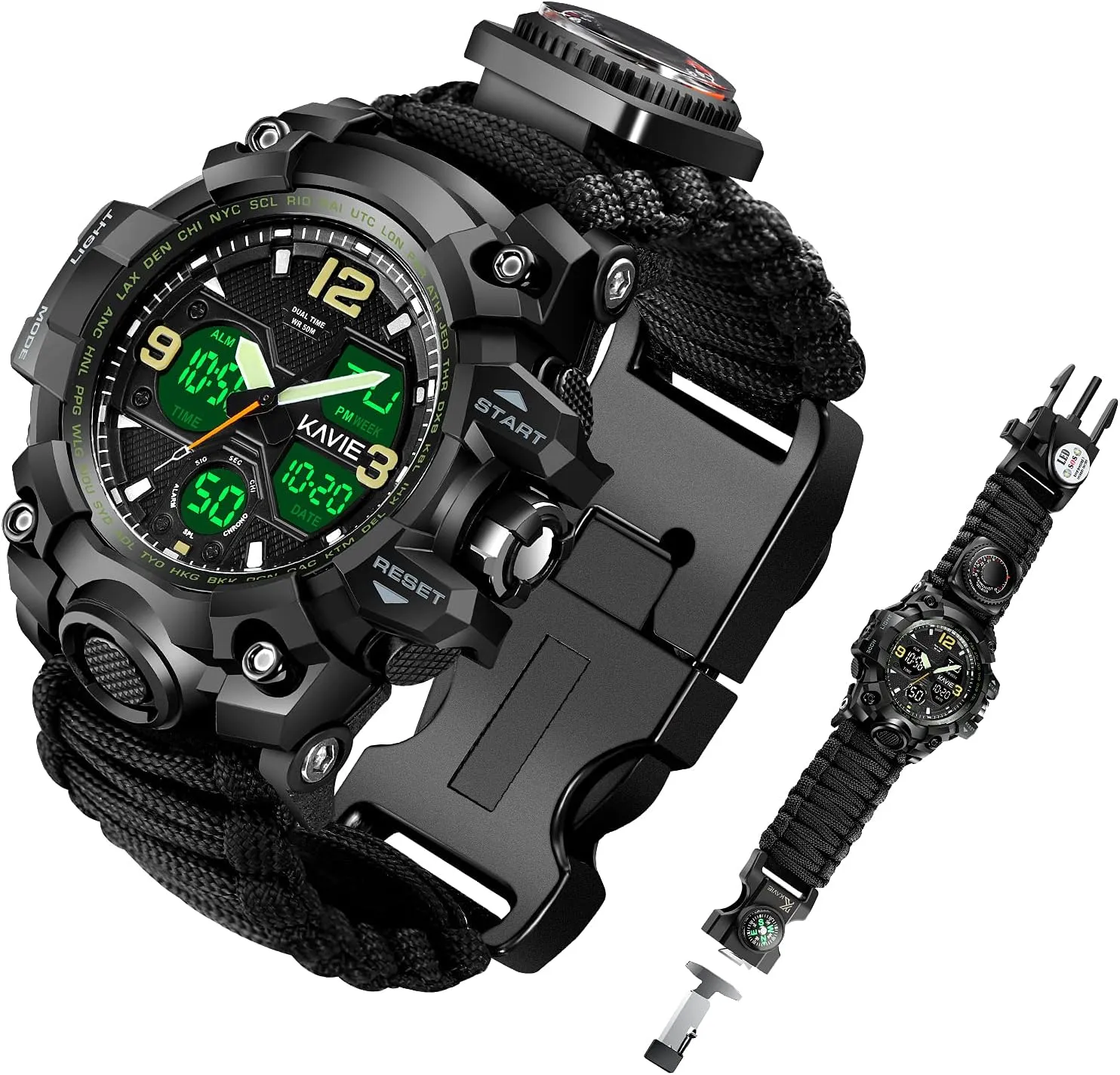 Mens Tactical Military Digital Watch, 23-in-1 Survival Multi-Functional Army Outdoors Waterproof Camouflage Sports Watches Dual Display Analog LED Electronic Wristwatches with Compass Paracord Band