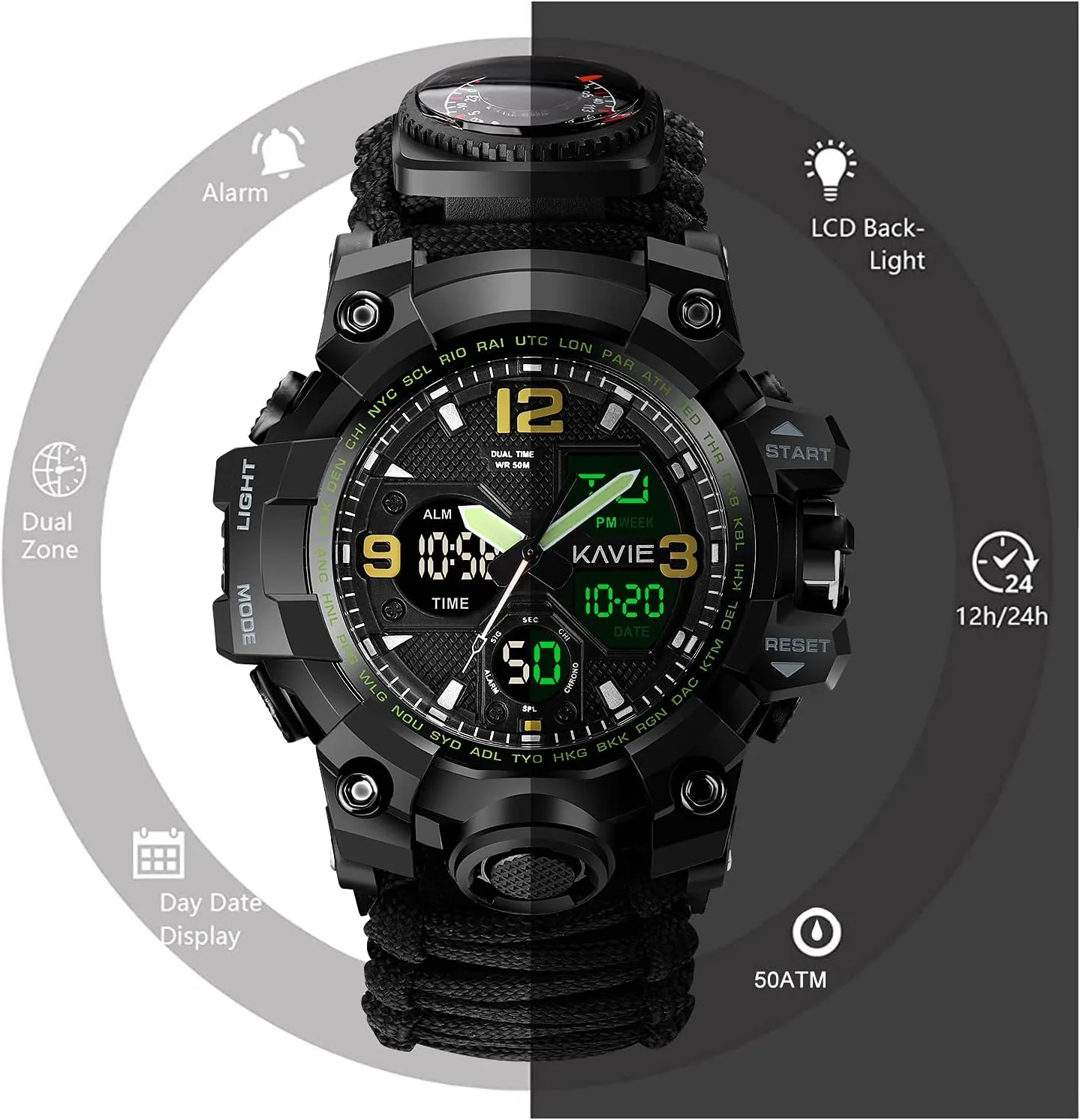 Mens Tactical Military Digital Watch, 23-in-1 Survival Multi-Functional Army Outdoors Waterproof Camouflage Sports Watches Dual Display Analog LED Electronic Wristwatches with Compass Paracord Band