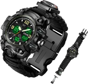 Mens Tactical Military Digital Watch, 23-in-1 Survival Multi-Functional Army Outdoors Waterproof Camouflage Sports Watches Dual Display Analog LED Electronic Wristwatches with Compass Paracord Band