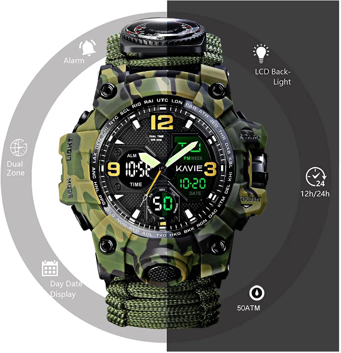 Mens Tactical Military Digital Watch, 23-in-1 Survival Multi-Functional Army Outdoors Waterproof Camouflage Sports Watches Dual Display Analog LED Electronic Wristwatches with Compass Paracord Band