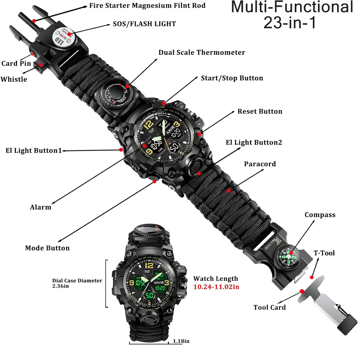 Mens Tactical Military Digital Watch, 23-in-1 Survival Multi-Functional Army Outdoors Waterproof Camouflage Sports Watches Dual Display Analog LED Electronic Wristwatches with Compass Paracord Band