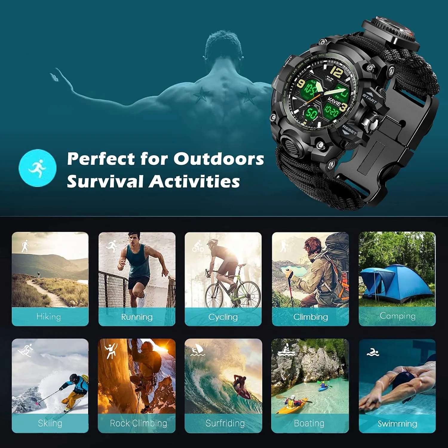 Mens Tactical Military Digital Watch, 23-in-1 Survival Multi-Functional Army Outdoors Waterproof Camouflage Sports Watches Dual Display Analog LED Electronic Wristwatches with Compass Paracord Band