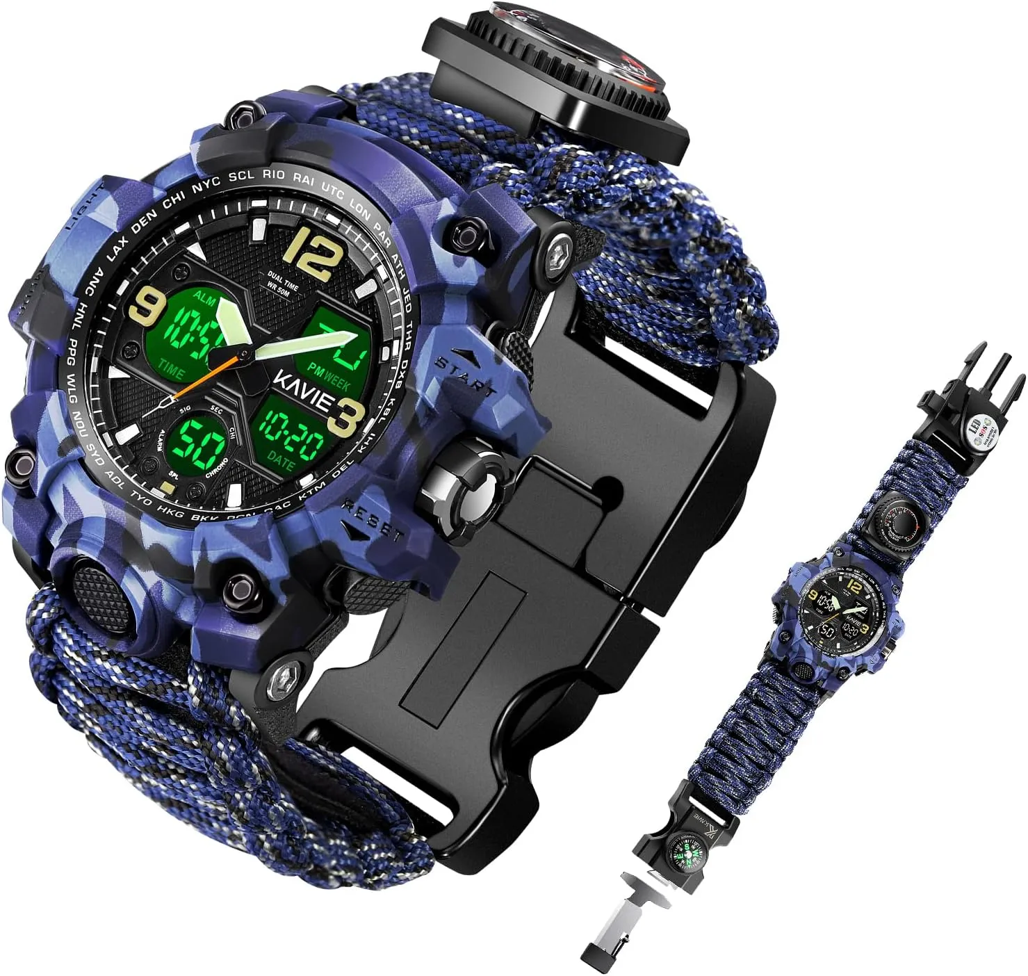 Mens Tactical Military Digital Watch, 23-in-1 Survival Multi-Functional Army Outdoors Waterproof Camouflage Sports Watches Dual Display Analog LED Electronic Wristwatches with Compass Paracord Band
