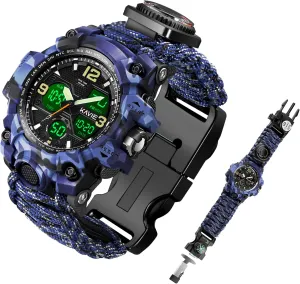 Mens Tactical Military Digital Watch, 23-in-1 Survival Multi-Functional Army Outdoors Waterproof Camouflage Sports Watches Dual Display Analog LED Electronic Wristwatches with Compass Paracord Band