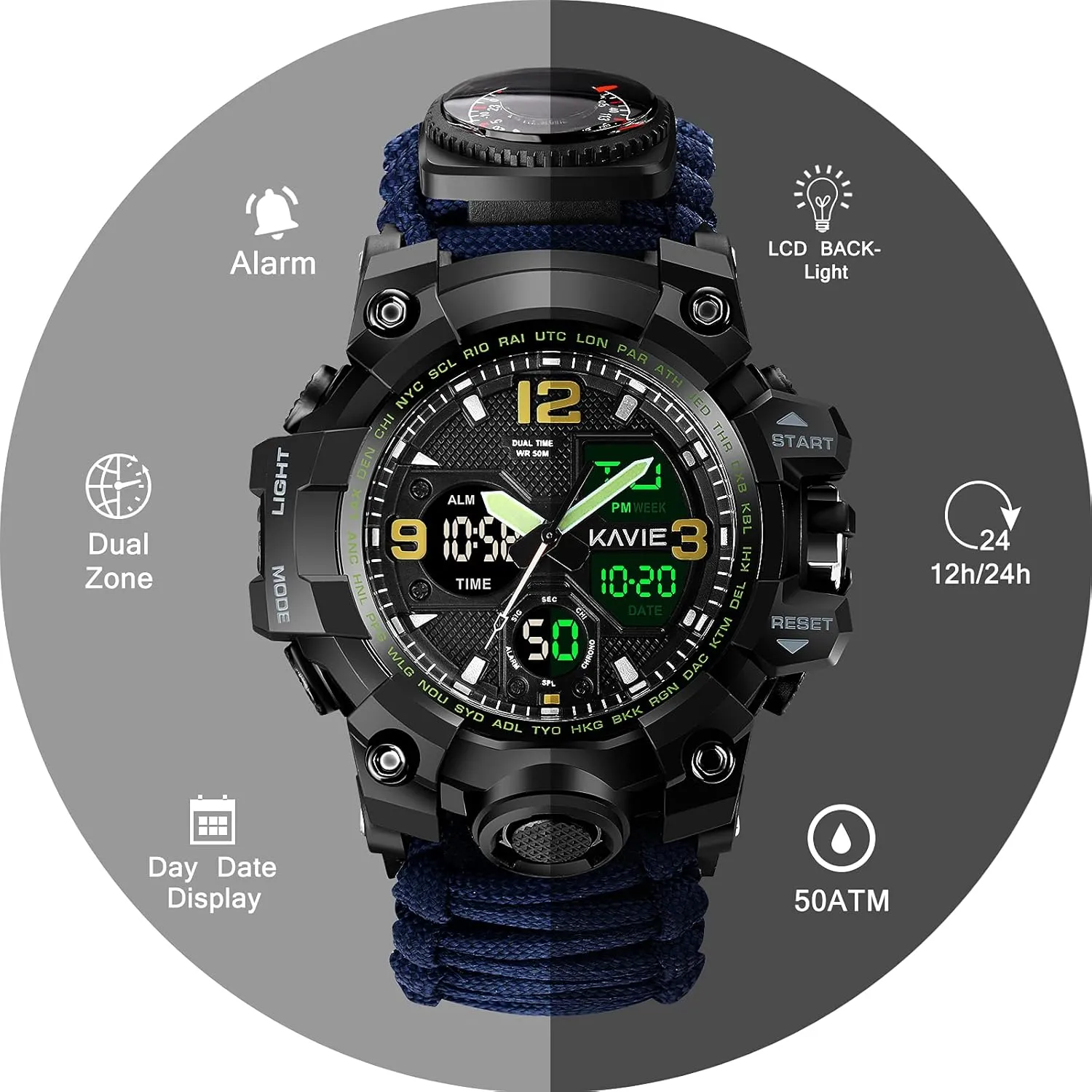 Mens Tactical Military Digital Watch, 23-in-1 Survival Multi-Functional Army Outdoors Waterproof Camouflage Sports Watches Dual Display Analog LED Electronic Wristwatches with Compass Paracord Band