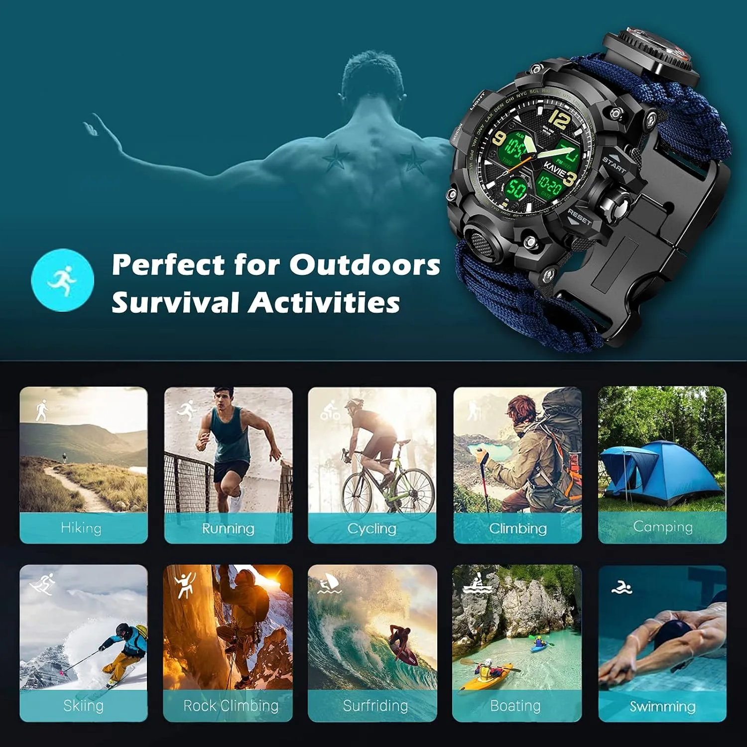 Mens Tactical Military Digital Watch, 23-in-1 Survival Multi-Functional Army Outdoors Waterproof Camouflage Sports Watches Dual Display Analog LED Electronic Wristwatches with Compass Paracord Band