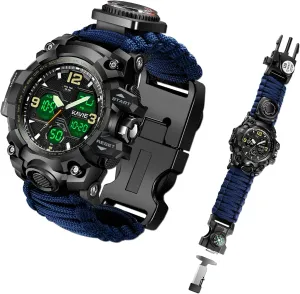 Mens Tactical Military Digital Watch, 23-in-1 Survival Multi-Functional Army Outdoors Waterproof Camouflage Sports Watches Dual Display Analog LED Electronic Wristwatches with Compass Paracord Band