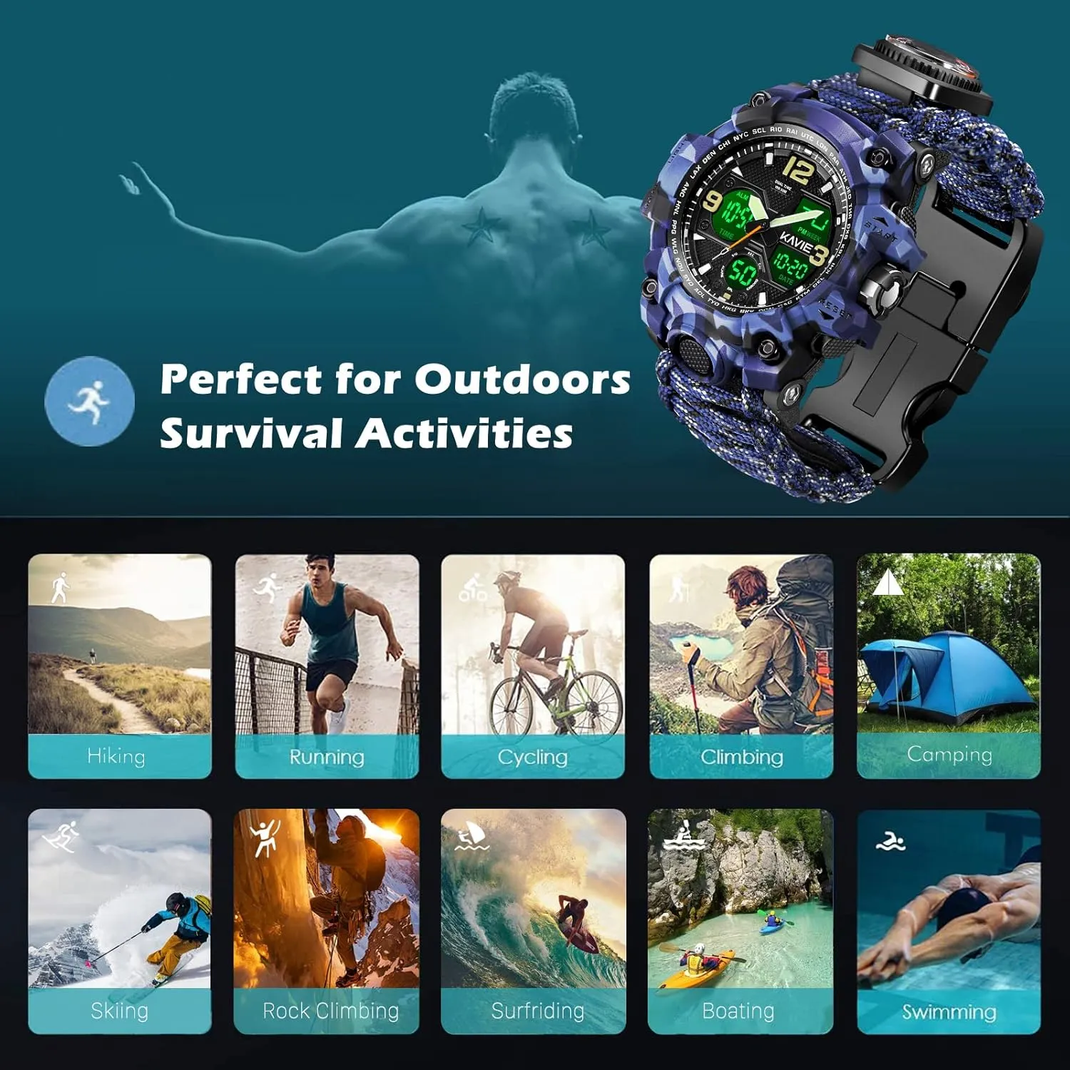 Mens Tactical Military Digital Watch, 23-in-1 Survival Multi-Functional Army Outdoors Waterproof Camouflage Sports Watches Dual Display Analog LED Electronic Wristwatches with Compass Paracord Band